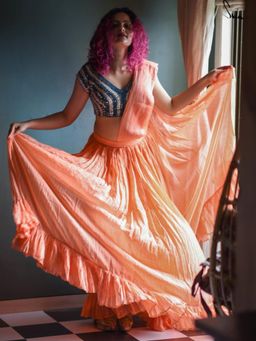 Suta - Orange Mulmul Cotton Saree with Side Zip and Pockets