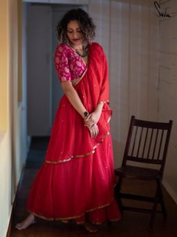 Suta - Red Mulmul Cotton Pre Draped Saree with Sequins