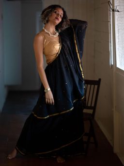 Suta - Black Handloom Cotton Pre Stitch Saree with Sequins