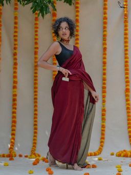 Suta - Maroon Pre Stitched Ready To Wear Cotton Acrylic Saree with Pockets