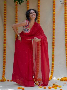 Suta - Red Pre Stitched Readymade Mul Cotton Saree with Pockets