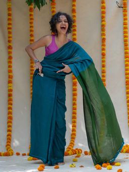 Suta - Green Pre Stitched Ready To Wear Cotton Acrylic Saree with Pockets