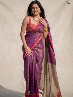Suta - Purple Cotton Slub Saree with Pink and Gold Border