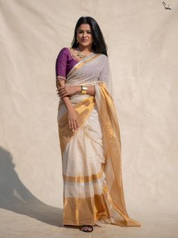 Suta - Off White Mulmul Cotton Saree with Golden Zari Border