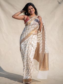 Suta - White Polyester Cotton Saree with Gold Waves