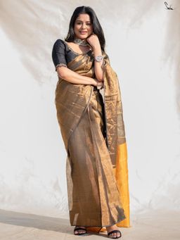 Suta - Gold Linen Zari Pre-Draped Saree with Bright Gold Pallu