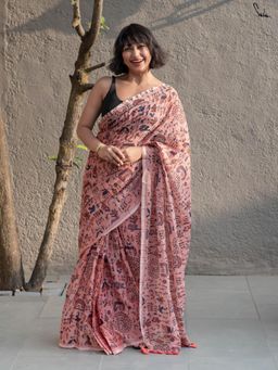 Suta - Pink Coral Mul Cotton Pre Draped Saree with Warli Screen Prints