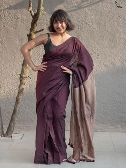Suta - Dark Brown Cotton Acrylic Pre-Draped Saree with Pockets