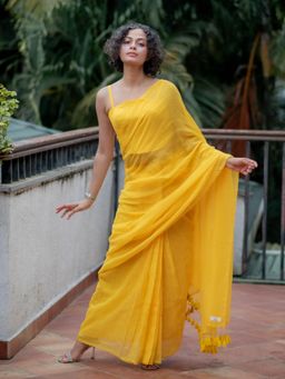 Suta - Ready To Wear Mul Cotton Yellow Pre Draped Saree with Corset Blouse Side Zip and Hook