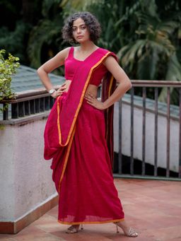 Suta - Ready To Wear Mul Cotton Red Saree with Side Zip and Hook Blouse