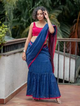 Suta - Ready To Wear Mul Cotton Blue Saree Gown with Back Knot Blouse and Side Zip