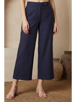 W - Navy Blue Solid Buttons Wide Leg Ankle Length High Rise Pant