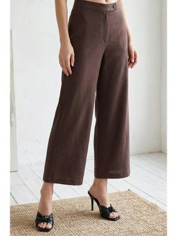 W - Brown Solid Wide Leg Ankle Length High Rise Pant