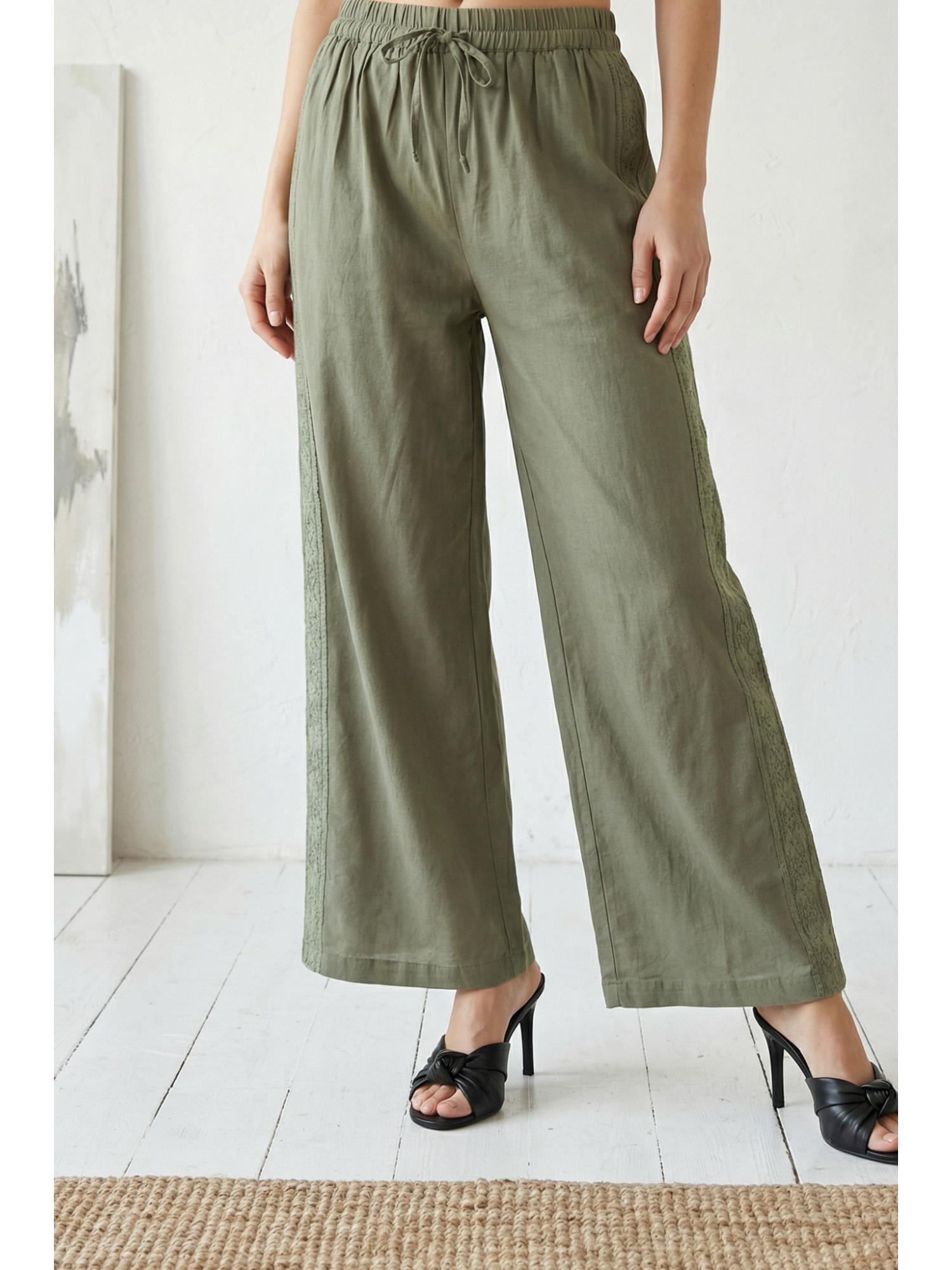 Olive Solid Lace Cotton Blend Relaxed Fit Ankle Length Pant-picture-31