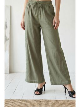 W - Olive Solid Lace Cotton Blend Relaxed Fit Ankle Length Pant