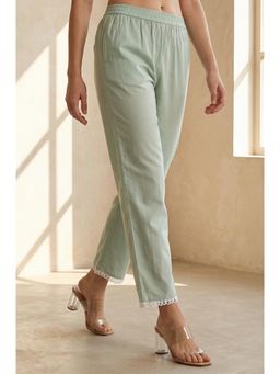 W - Sea Green Solid Lace Straight Fit Ankle Length Pant