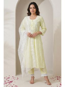 W - Yellow Floral Printed Lace Straight Kurta with Straight Pant and Dupatta