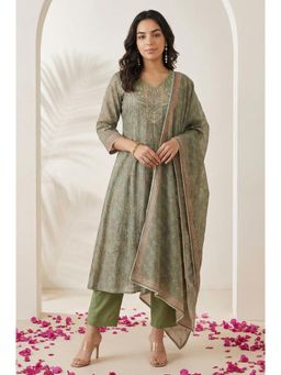 W - Olive Floral Printed Mirror Work Chanderi A-Line Kurta with Pant and Dupatta