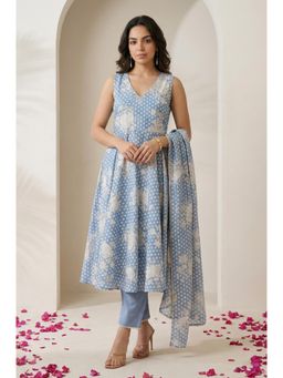 W - Blue Floral Printed Lace Chanderi Sleeveless A-Line Kurta with Pant and Dupatta