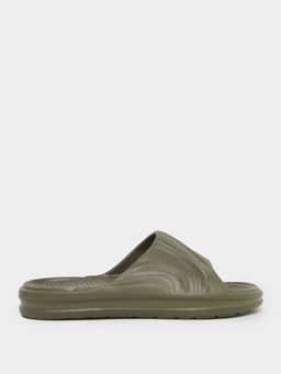 Styli Elevate - Men Abstract Textured Slim Band Comfort Olive Sliders