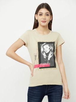 CRIMSOUNE CLUB - Women Beige Graphic Printed Round Neck T-Shirt