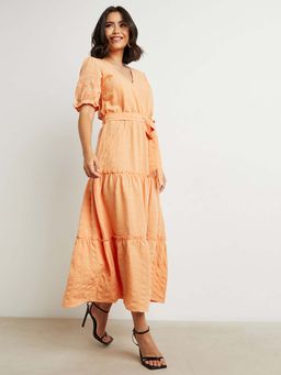 Styli - Peach Textured Tiered Maxi Dress With Self Tie Belt (Set of 2)