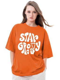 LEOTUDE - Printed Womens Round Neck Orange T-Shirt