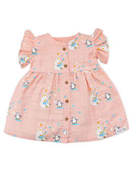 Honcho Baby - Peach Printed Ruffled Sleeve Dress for Girls