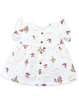 Honcho Baby - White Printed Ruffled Sleeve Dress for Girls