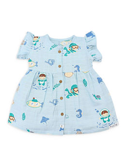 Honcho Baby - Blue Printed Ruffled Sleeve Dress for Girls