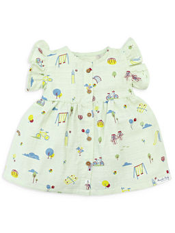 Honcho Baby - Green Printed Ruffled Sleeve Dress for Girls