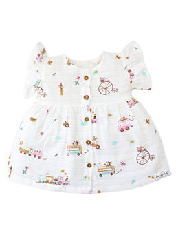 Honcho Baby - White Printed Ruffled Sleeve Dress for Girls