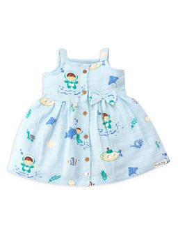 Honcho Baby - Blue Printed Sleeveless Dress with Attached Bow