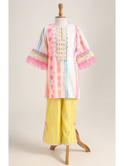MiniMe Organics - Off White Printed Kurta and Pant Set for Girls
