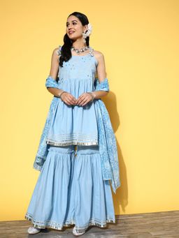 Stylum - Womens Embroidered Cotton Kurta Sharara With Printed Dupatta (Set of 3)