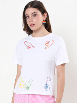 Bewakoof - Women's White Color Hands Sign Relaxed Fit Short Top