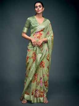 Odette - Womens Georgette Olive Printed Saree with Unstitched Blouse