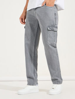 Styli - Men Grey Overdyed Cargo Pocket Straight Fit Jeans