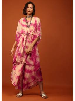 KALKI FASHION - Pink Tie Dye Kaftan in V Neckline with A Tie-up Tassel Dori At The Front