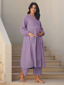 Janasya - Women's Lavender Dobby Pure Cotton Self Design A-Line Maternity Kurta Pant Set