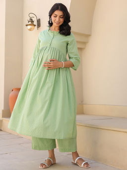 Janasya - Women's Green Dobby Pure Cotton Self Design A-Line Maternity Kurta Pant Set