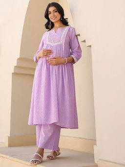 Janasya - Women's Lavender Dobby Pure Cotton Yoke Embroidered A-Line Maternity Kurta and Pant