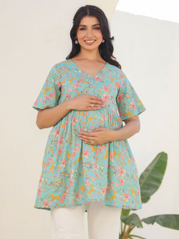 Janasya - Women's Blue Pure Cotton Floral Printed A-Line Maternity Tunic