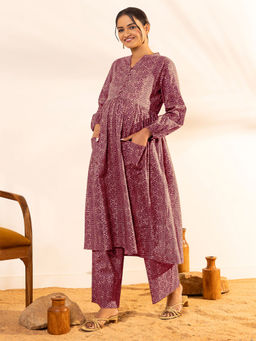 Janasya - Women's Magenta Pure Cotton Ethnic Motifs A-Line Maternity Kurta Set