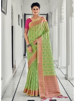 Sangam Prints - Light Green Woven Work Traditional Tassels Saree with Unstitched Blouse