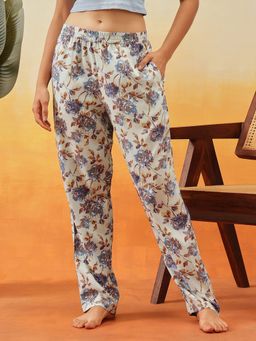 Clovia - Rayon Floral Print Pyjama With Pockets White