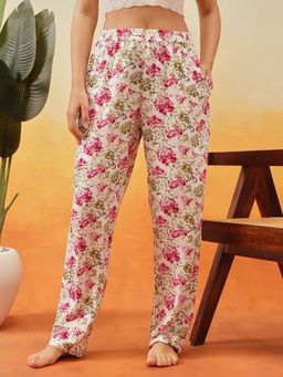Clovia - Rayon Floral Print Pyjama With Pockets White