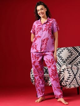 Clovia - Cotton Floral Printed Button Down Shirt And Pyjama Purple