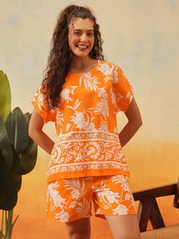Clovia - Rayon Floral Print Top And Shorts Orange