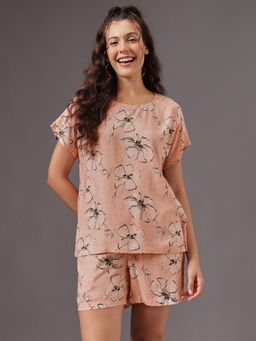 Clovia - Rayon Floral Print Top And Shorts Peach